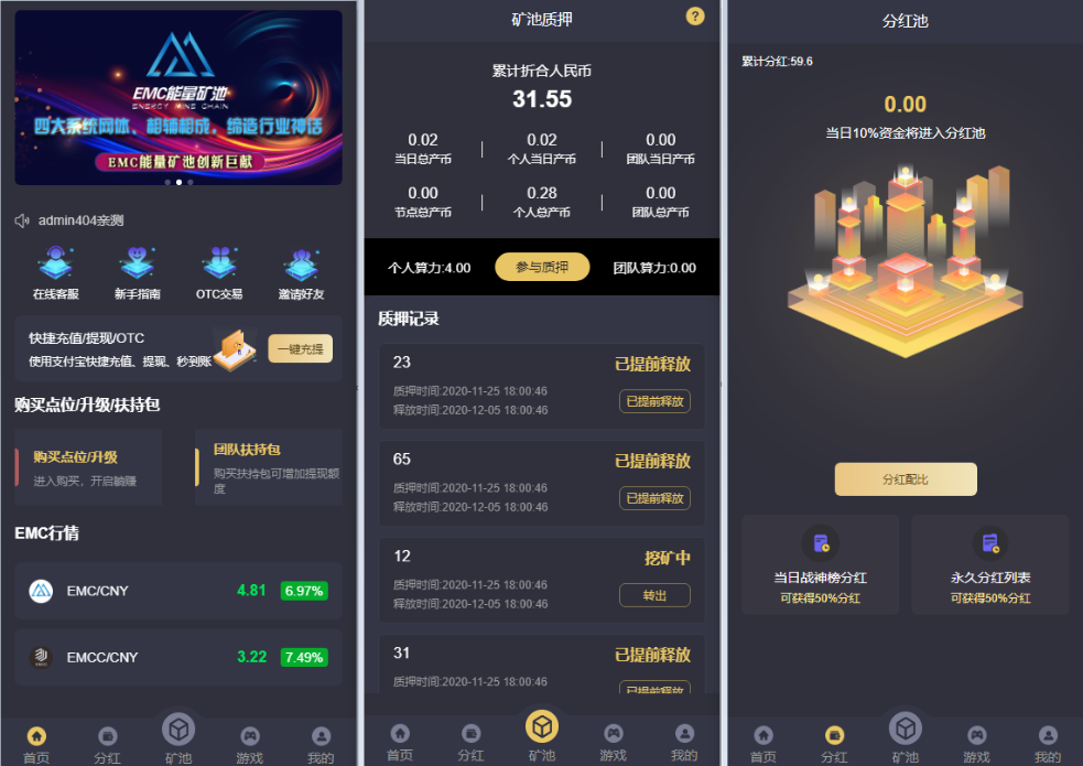 其他站长亲测 EMC交易所挖矿赚钱源码 六层阶梯板块+四套网体系统+通过奖励兑换EMC质押进行挖矿