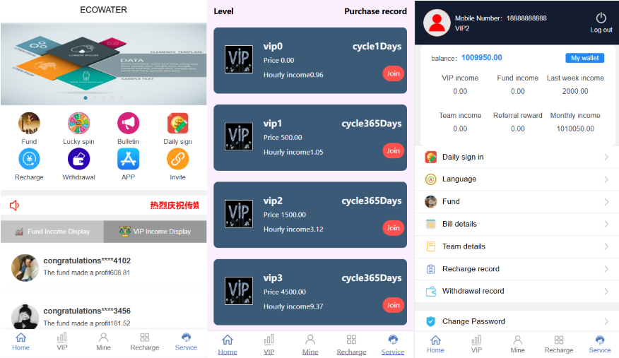 双语言EcoWater净水理财源码/海外产品投资系统/项目投资源码